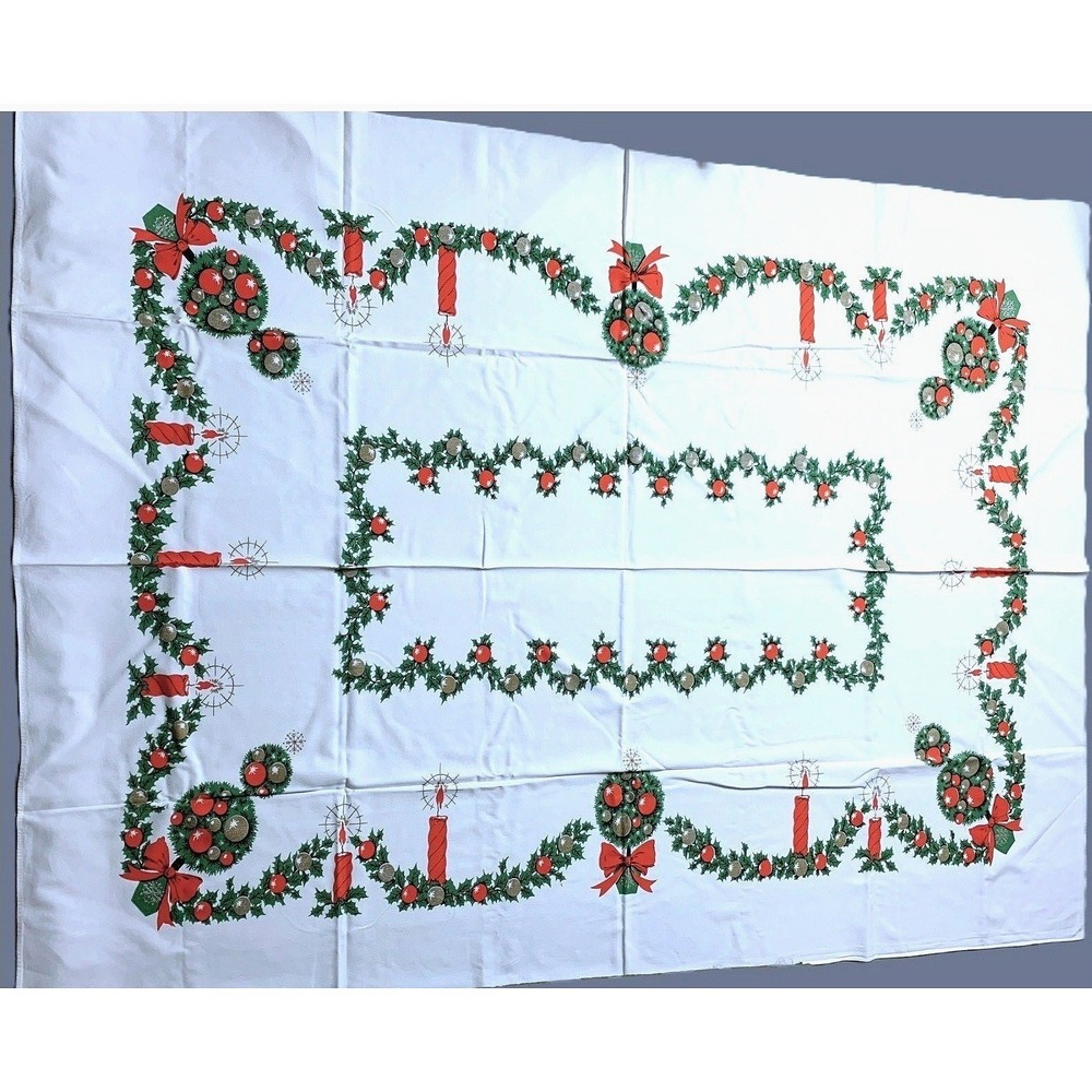 MCM Christmas Tablecloth Candles Holly Topiaries Kitsch 1960s Era 74" x 58" VGUC